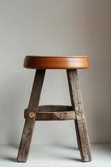 Wall Mural - a wooden stool with a leather seat against a plain wall