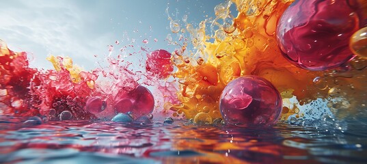 Wall Mural - Blue Banner Background with Water Splash Effect and Multicolour Bubbles