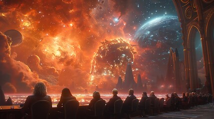 galactic parliament where representatives from a thousand worlds come together to debate the issues 