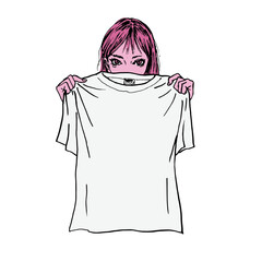 tシャツを持つ女性、イラスト