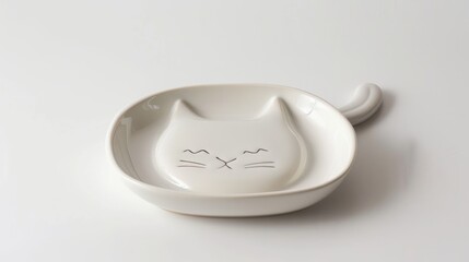 Poster - Children s breakfast plate in the shape of a cat displayed on a white background