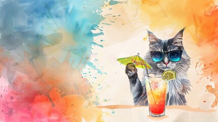 Wall Mural - Watercolor painting of a cat in sunglasses with a cocktail. Concept of summer, relaxation, pet art, vacation vibes. Copy space