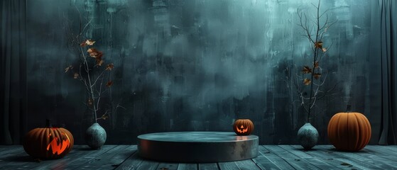Wall Mural - Podium product presentation with halloween background for commercial, spooky halloween backdrop.