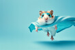 © Starmarpro - Adorable superhero Syrian hamster with a cloak isolated on blue background. Cute pets. High quality photo
