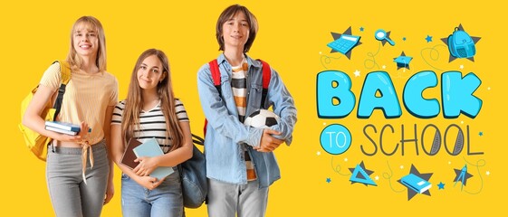 Poster - Teenage students on yellow background. Back to school