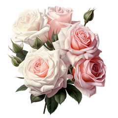 Canvas Print - pink and white roses, realistic, in arrangement, on white isolated background