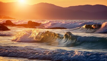 Poster - sunrise light shining on ocean waves