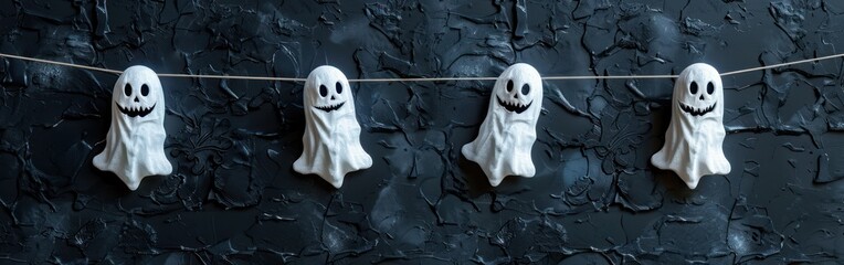 Wall Mural - Spooky Halloween Party Background with Ghosts on String Hanging from Dark Concrete Wall