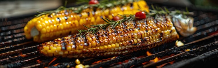 Grilled Trout and Corn with Vegetables on Barbecue Background - Delicious Food Photography