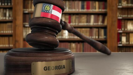 Wall Mural - Georgia State Flag on Judge Gavel or Hammer in Court with State Name. Legal System Animation