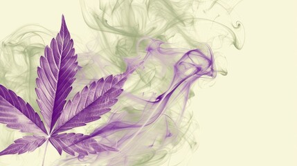 Wall Mural - A purple leaf is shown next to a cloud of smoke, hemp or cannabis medical CBD concept