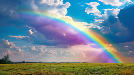 Wall Mural - rainbow over the field, happy mood sky 
