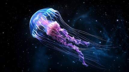 Wall Mural - A large purple and blue jellyfish is floating in the dark sky