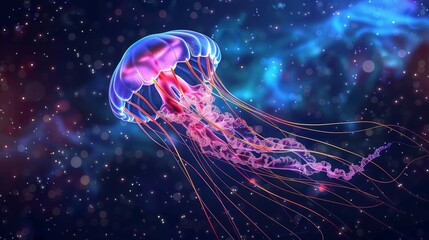 Wall Mural - A jellyfish is floating in the sky with a purple and orange tail