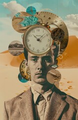 Unusual time management concept with clock on man's head representing business and stress in modern society