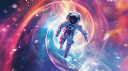 A man in a spacesuit is flying through a spiral tunnel, space-time portal