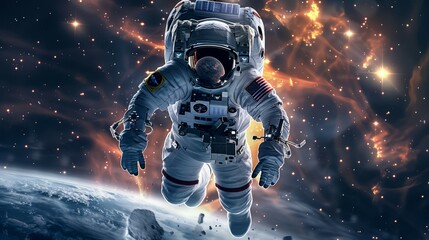 A man in a spacesuit is flying through space, space-time portal