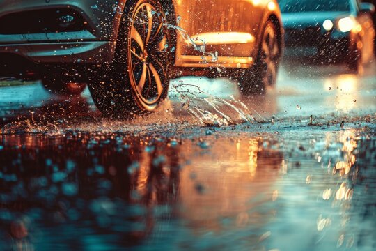 A car driving through a puddle on wet road in rainy weather