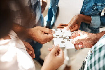 Aufkleber - Hands, team and jigsaw for connection, solution and circle with collaboration for creativity at startup. People, group and scrum with puzzle for problem solving, solidarity or link for synergy at job