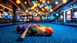 © Evelina - Vibrant neon lit billiard table with cue and pool balls under colorful wall lights