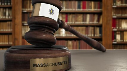 Wall Mural - Massachusetts Flag on Judge Gavel or Hammer in Court with State Name. Legal System Animation