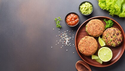 Quinoa burgers with guacamole and salsa ingredients with copy space, top view; healthy vegan food concept on a dark background;, paleo or ketogenic diet idea