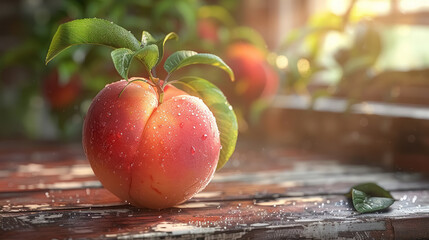 fresh morning dew on ripe red apple on rustic wooden table in sunlight