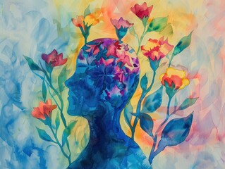 Wall Mural - Woman with flowers in her hair and head, watercolor painting of beauty and artful elegance