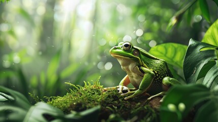 Wall Mural - Close up Exotic green frog jumping on forest background
