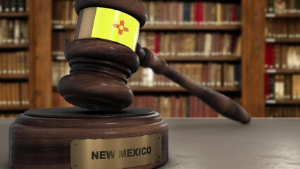 Wall Mural - New Mexico Flag on Judge Gavel or Hammer in Court with State Name. Legal System Animation