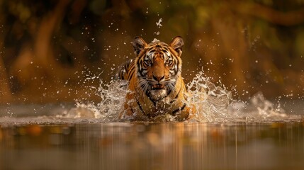 Wall Mural - Tiger splashing through water in tropical forest with trees in background for nature adventure and wildlife exploration concept