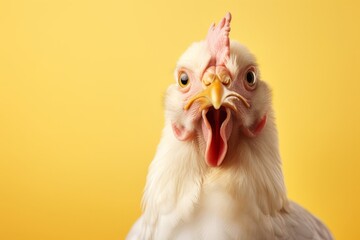 Close-up of a surprised white chicken with a yellow background. A humorous and expressive animal portrait ideal for various uses.