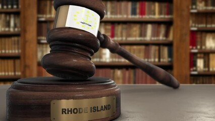 Wall Mural - Rhode Island Flag on Judge Gavel or Hammer in Court with State Name. Legal System Animation