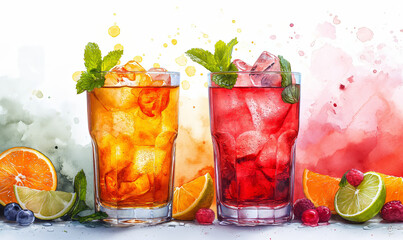 Wall Mural - Drinks with ice and fruits on a white background.