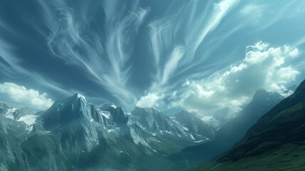 Wall Mural - the mystical sight of thin wispy clouds gliding over a towering mountain range.