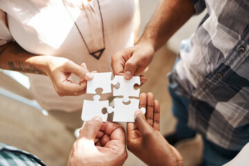 Aufkleber - Hands, group and jigsaw for strategy, solution and teamwork in collaboration for creativity at startup. People, integration and scrum for puzzle for problem solving, help and above for synergy at job
