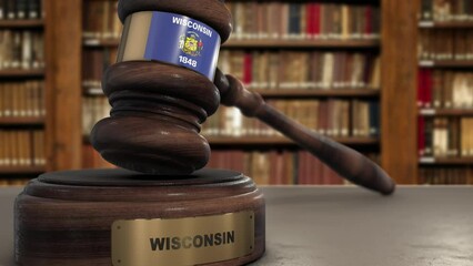 Wall Mural - Wisconsin Flag on Judge Gavel or Hammer in Court with State Name. Legal System Animation