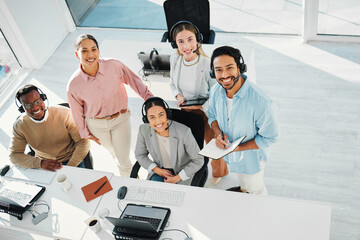 Aufkleber - Happy telemarketing team, portrait and group in call center for customer service, IT support or collaboration in coworking agency from above. Diversity, sales people and smile for consulting together