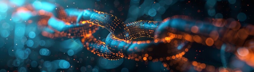 Close-up of a digital blockchain chain with glowing orange links and a blue bokeh background, symbolizing modern technology, security, and connectivity in the digital world.