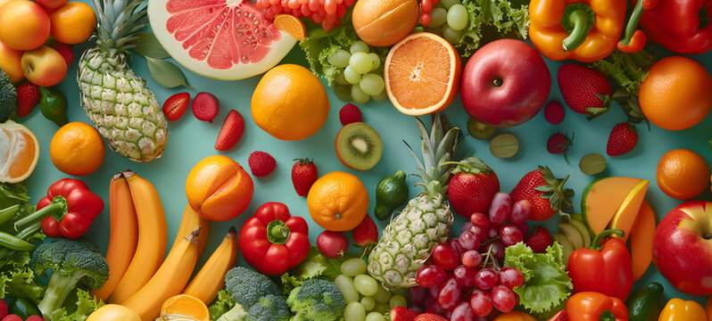 Healthy eating concept banner featuring fruits and vegetables With copy space Assorted Fresh and on Blue Background vibrant assortment of various  placed on blue surface  arranged in circular pattern.