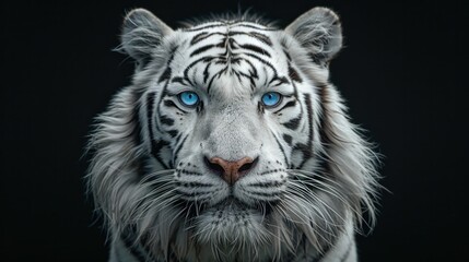 Wall Mural - Beautiful white tiger face with blue eyes on black background majestic animal portrait for wildlife and nature enthusiasts