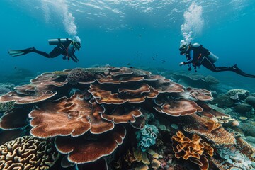 Wall Mural - Scuba divers explore a vibrant underwater coral reef teeming with marine life in clear, blue ocean waters.