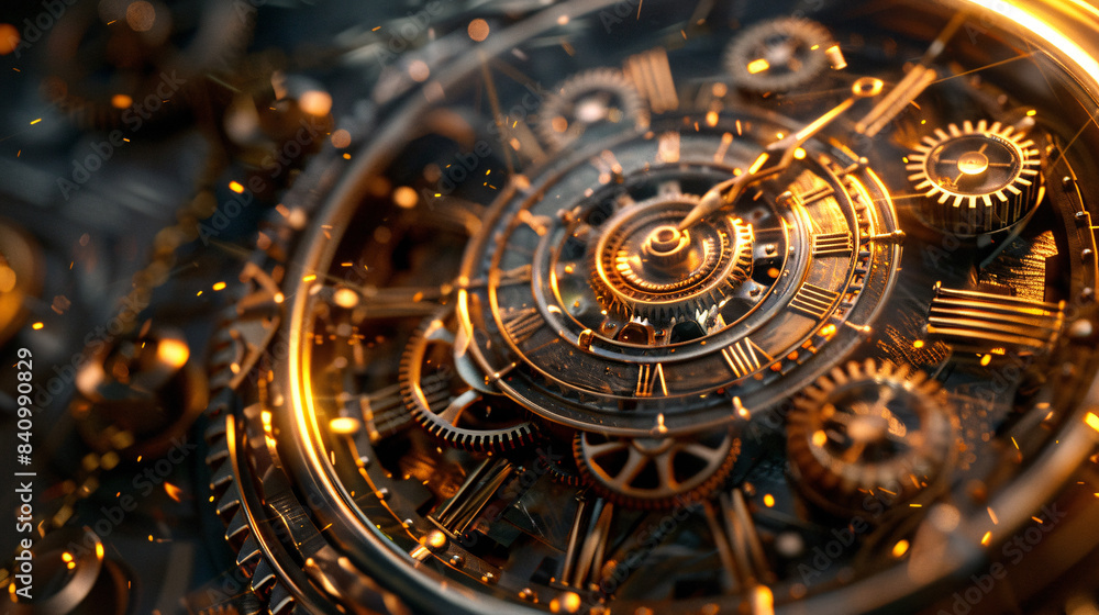 Steampunk background with gears and clock face, 3D render illustration ...