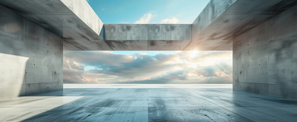 Wall Mural - Futuristic minimalist design of concrete structure, scenery of modern building and sky. Concept of future, industry, abstract architecture, construction.