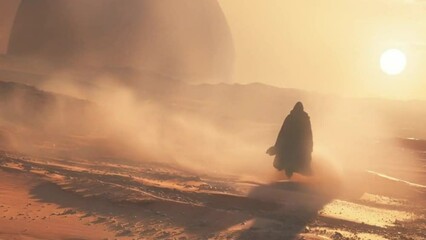 Wall Mural - A man in a cloak disappearing into a sandstorm on a desert-like planet at sunset in the style of cinematic masterpiece, professional cinematography, shallow depth of field, subject in focus