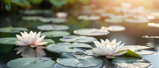 Wall Mural - A serene water garden with lotus flowers in various stages of bloom, their large pink and white petals floating on calm water. flat design, minimalistic shapes with space for text