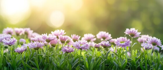 Wall Mural - A picturesque meadow filled with purple chrysanthemum flowers, their vibrant color contrasting beautifully with the green grass