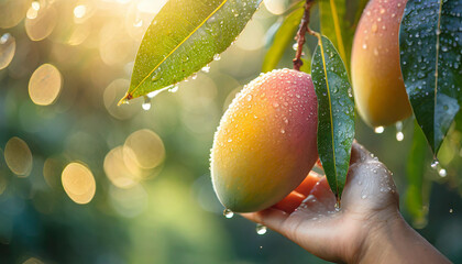 Wall Mural - fresh mango hanging on a tree, glistening with water droplets. The image captures the vibrancy and freshness of the fruit, emphasizing its natural beauty and appeal. Wide banner format