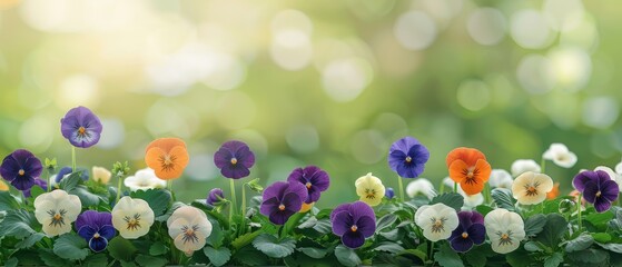 Wall Mural - A charming garden scene featuring pansies in a variety of colors, their expressive faces adding a playful touch to the landscape