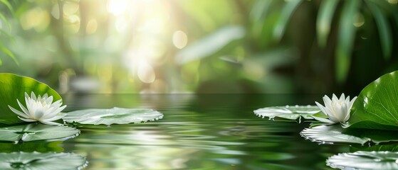 Wall Mural - A serene scene of white lilies floating on a calm pond, surrounded by lush green leaves. flat design, minimalistic shapes with space for text